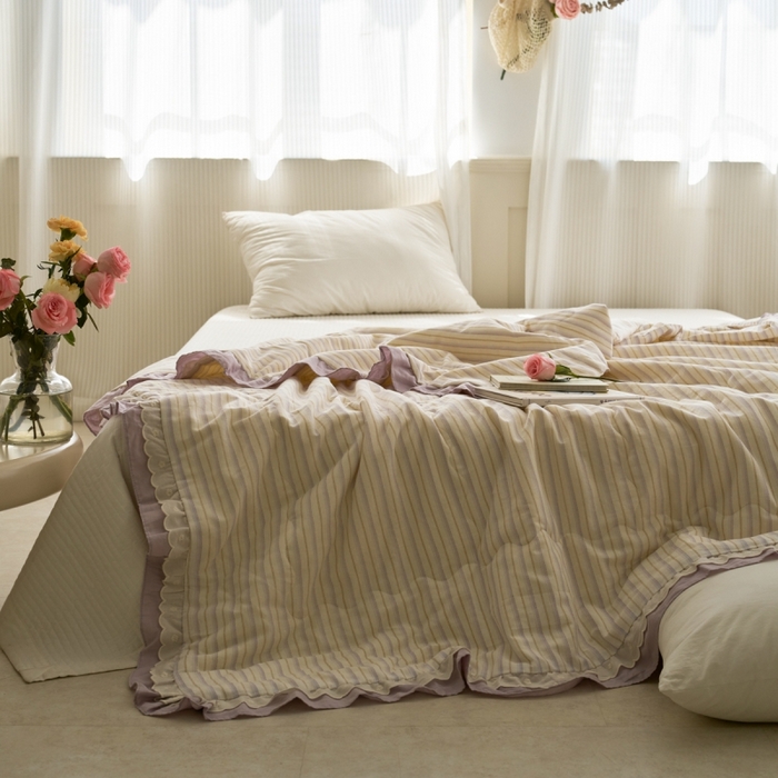 91家纺网 家纺一手货源 找家纺 洋铭区（原狠狠爱） 2025新款A类双层纱双层花边款系列夏被夏凉被空调被 芋泥紫条