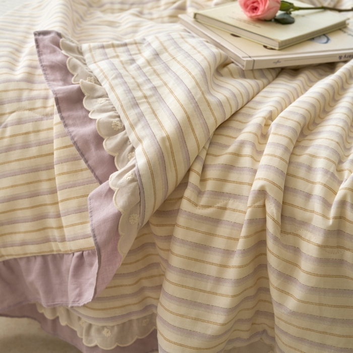 91家纺网 家纺一手货源 找家纺 洋铭区（原狠狠爱） 2025新款A类双层纱双层花边款系列夏被夏凉被空调被 芋泥紫条