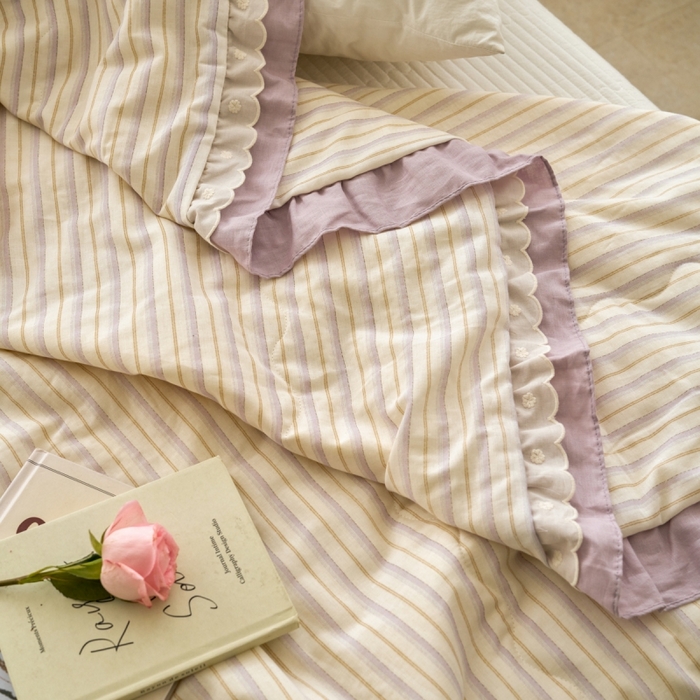 91家纺网 家纺一手货源 找家纺 洋铭区（原狠狠爱） 2025新款A类双层纱双层花边款系列夏被夏凉被空调被 芋泥紫条