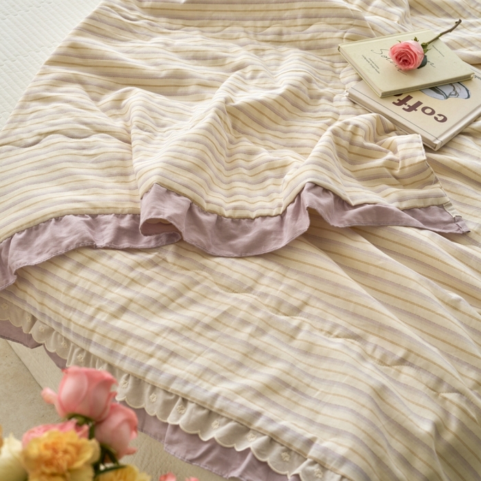 91家纺网 家纺一手货源 找家纺 洋铭区（原狠狠爱） 2025新款A类双层纱双层花边款系列夏被夏凉被空调被 芋泥紫条