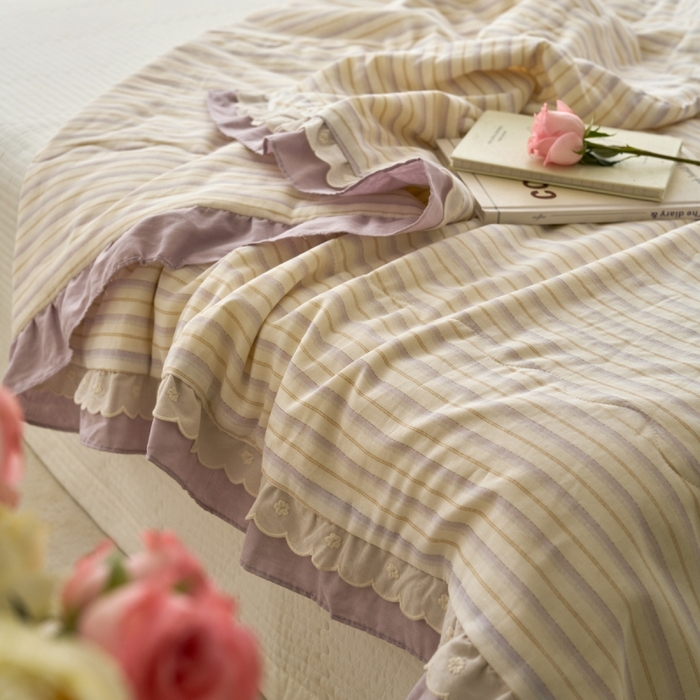 91家纺网 家纺一手货源 找家纺 洋铭区（原狠狠爱） 2025新款A类双层纱双层花边款系列夏被夏凉被空调被 芋泥紫条