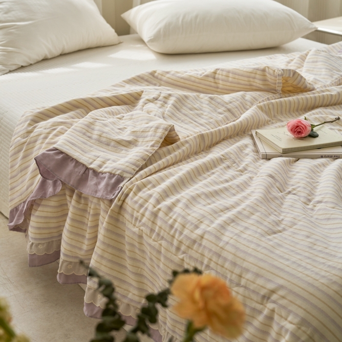 91家纺网 家纺一手货源 找家纺 洋铭区（原狠狠爱） 2025新款A类双层纱双层花边款系列夏被夏凉被空调被 芋泥紫条