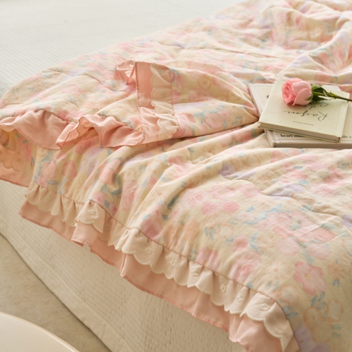 91家纺网 家纺一手货源 找家纺 洋铭区（原狠狠爱） 2025新款A类双层纱双层花边款系列夏被夏凉被空调被 飞燕粉花