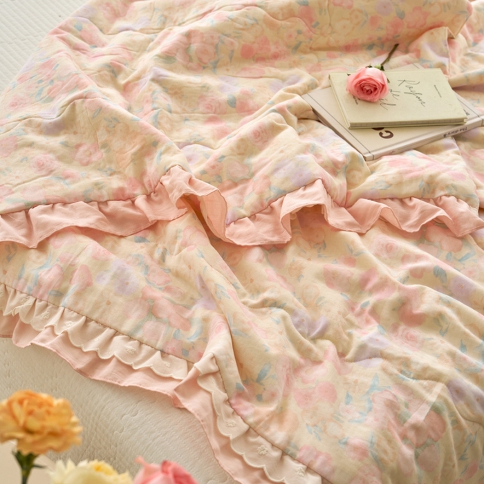 91家纺网 家纺一手货源 找家纺 洋铭区（原狠狠爱） 2025新款A类双层纱双层花边款系列夏被夏凉被空调被 飞燕粉花