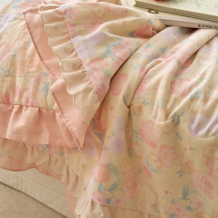 91家纺网 家纺一手货源 找家纺 洋铭区（原狠狠爱） 2025新款A类双层纱双层花边款系列夏被夏凉被空调被 飞燕粉花