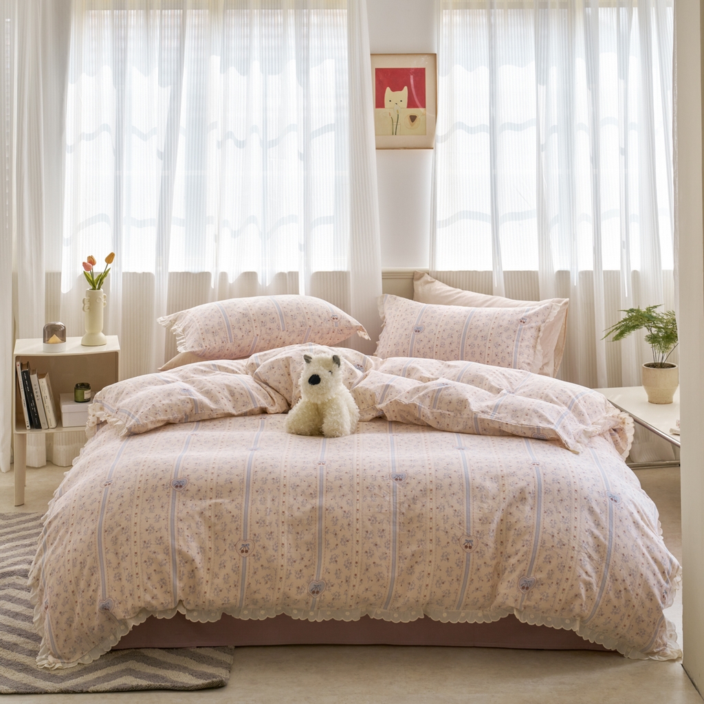 91家纺网 家纺一手货源 找家纺 洋铭区（原狠狠爱） 2025新款花边全棉双层纱四件套 朵朵兰