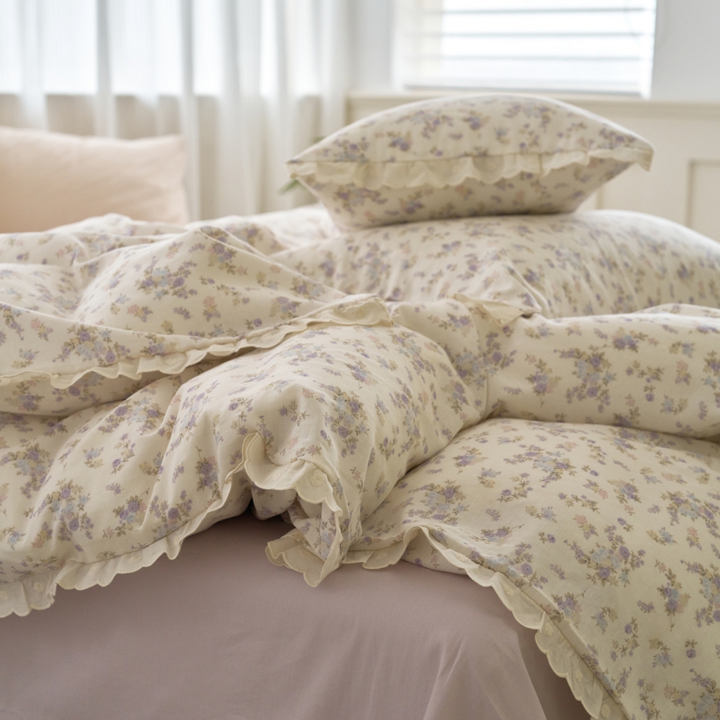 91家纺网 家纺一手货源 找家纺 洋铭区（原狠狠爱） 2025新款花边全棉双层纱四件套 香芋紫园