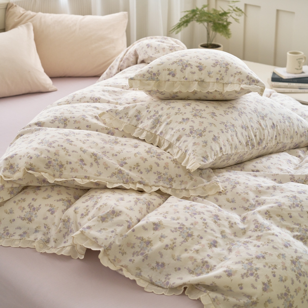 91家纺网 家纺一手货源 找家纺 洋铭区（原狠狠爱） 2025新款花边全棉双层纱四件套 香芋紫园