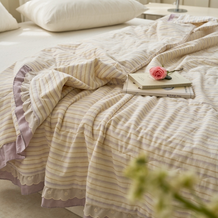 91家纺网 家纺一手货源 找家纺 洋铭区（原狠狠爱） 2025新款A类双层纱双层花边款系列夏被夏凉被空调被 芋泥紫条