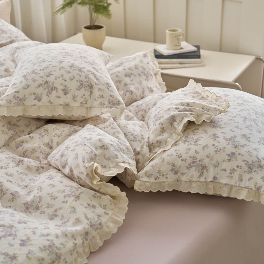 91家纺网 家纺一手货源 找家纺 洋铭区（原狠狠爱） 2025新款花边全棉双层纱四件套 香芋紫园