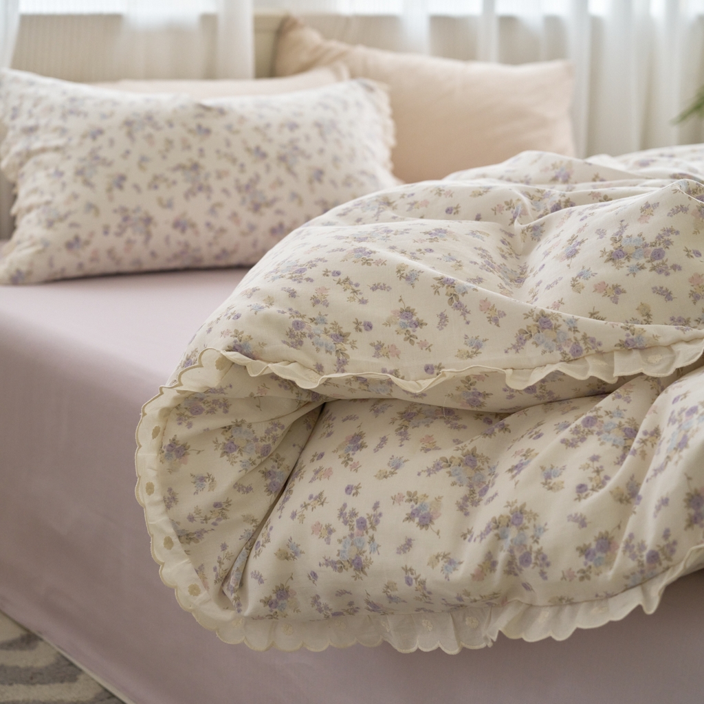 91家纺网 家纺一手货源 找家纺 洋铭区（原狠狠爱） 2025新款花边全棉双层纱四件套 香芋紫园