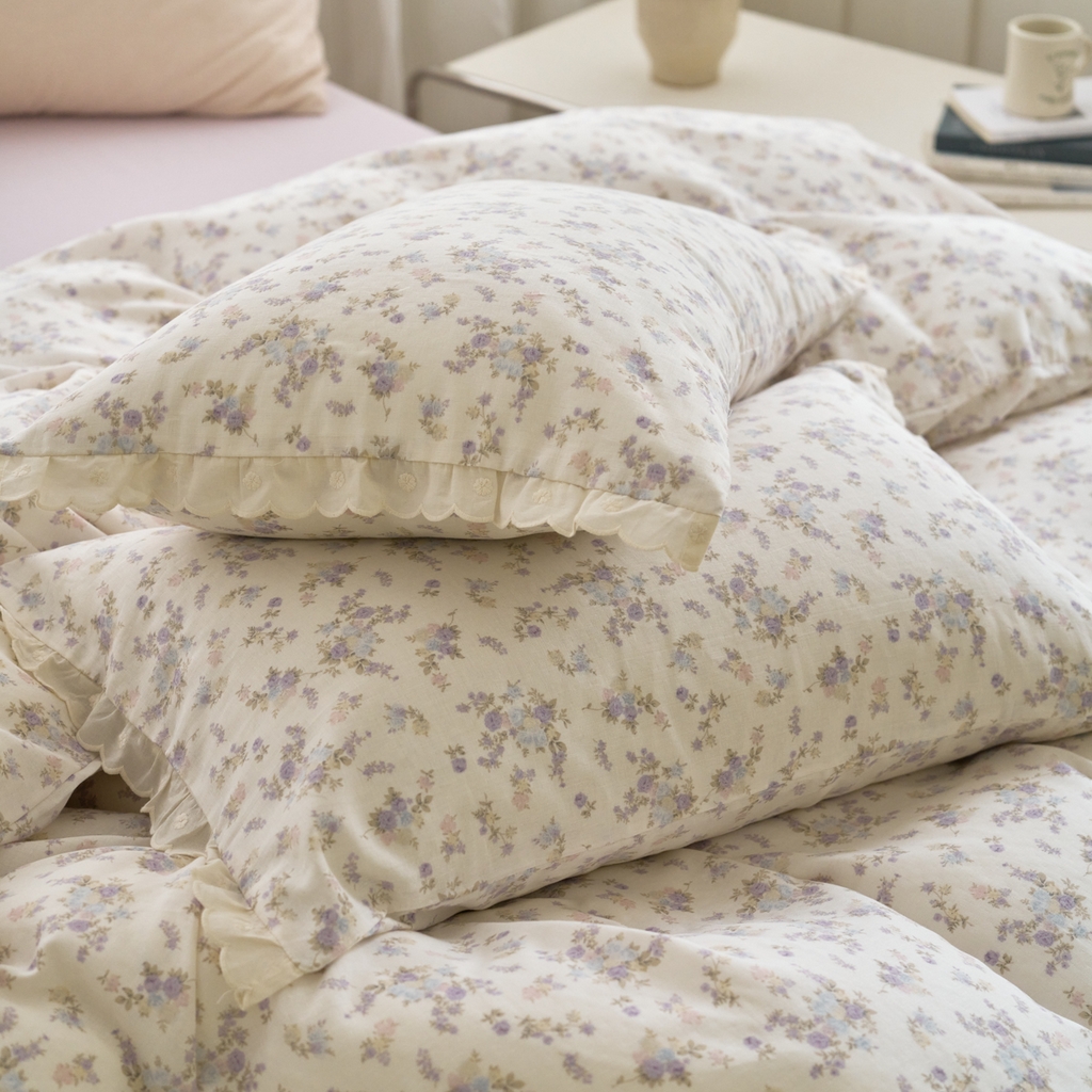 91家纺网 家纺一手货源 找家纺 洋铭区（原狠狠爱） 2025新款花边全棉双层纱四件套 香芋紫园