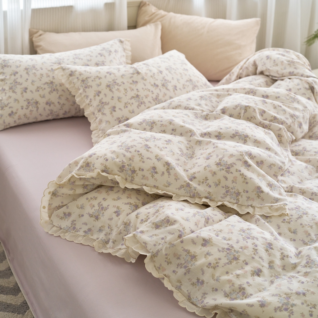 91家纺网 家纺一手货源 找家纺 洋铭区（原狠狠爱） 2025新款花边全棉双层纱四件套 香芋紫园