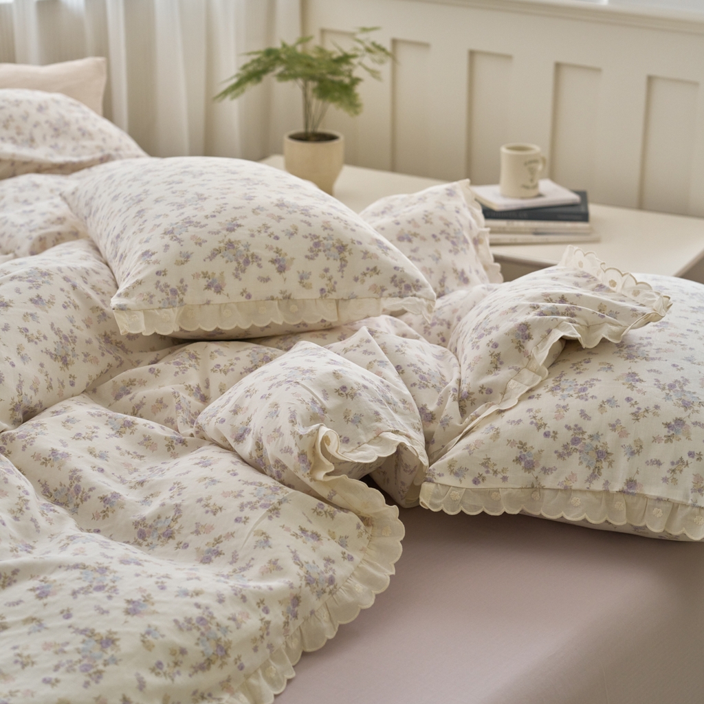 91家纺网 家纺一手货源 找家纺 洋铭区（原狠狠爱） 2025新款花边全棉双层纱四件套 香芋紫园