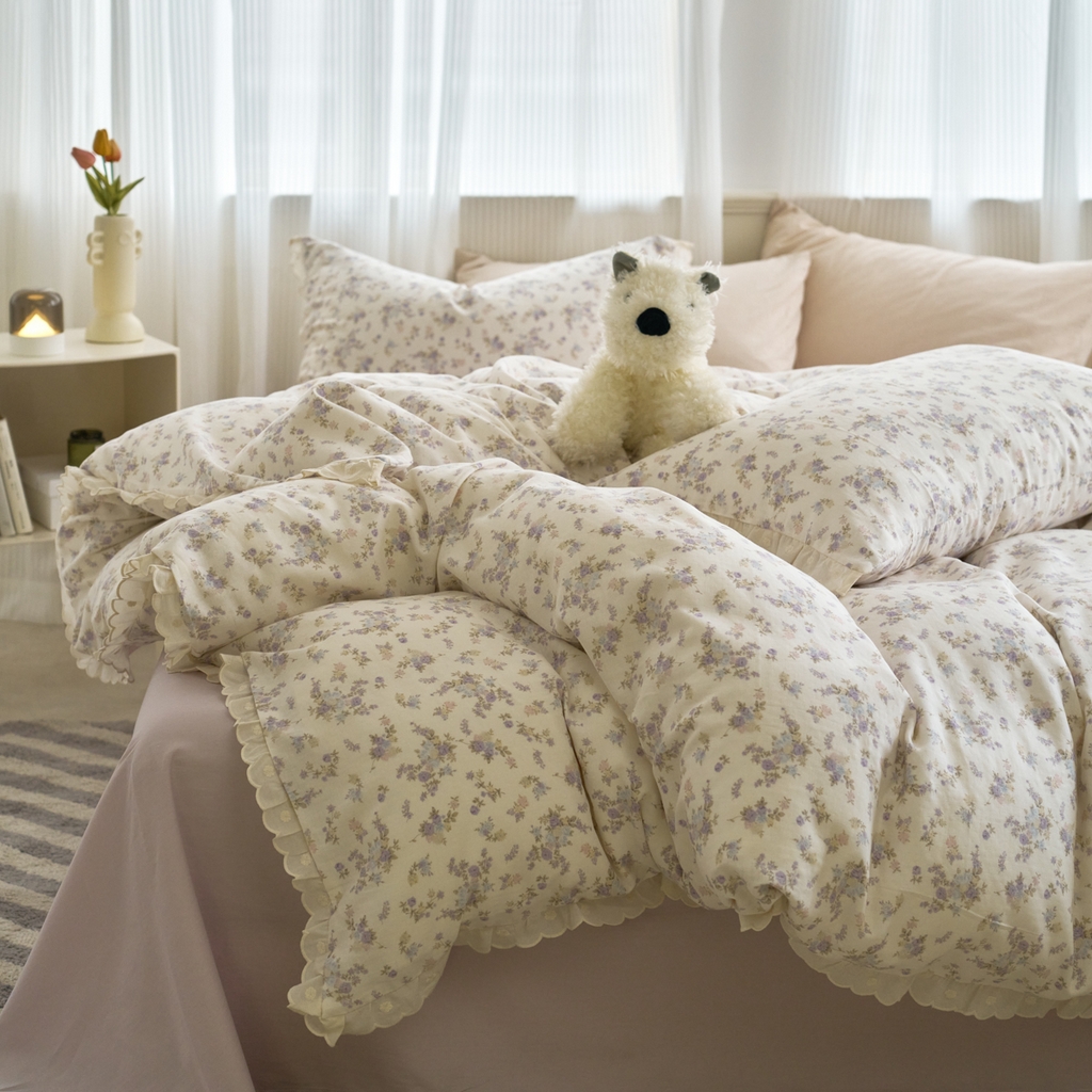 91家纺网 家纺一手货源 找家纺 洋铭区（原狠狠爱） 2025新款花边全棉双层纱四件套 香芋紫园