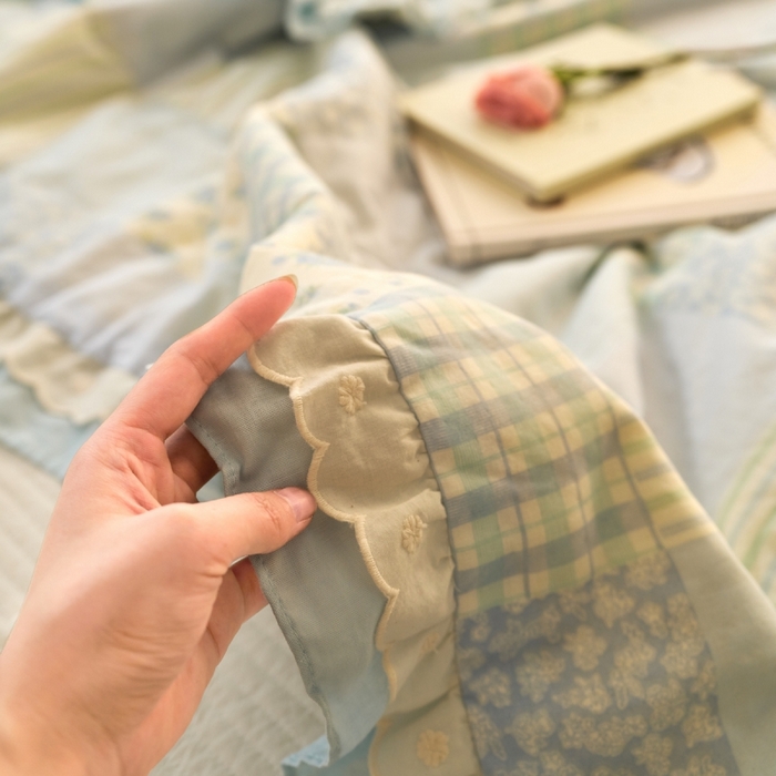 91家纺网 家纺一手货源 找家纺 洋铭区（原狠狠爱） 2025新款A类双层纱双层花边款系列夏被夏凉被空调被 百家福-蓝