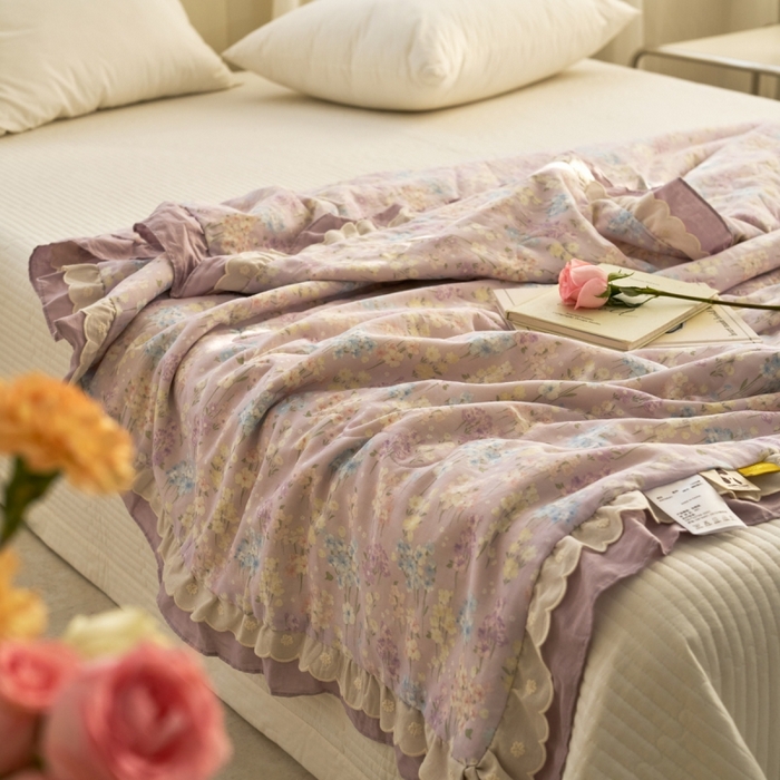 91家纺网 家纺一手货源 找家纺 洋铭区（原狠狠爱） 2025新款A类双层纱双层花边款系列夏被夏凉被空调被 铃木紫花