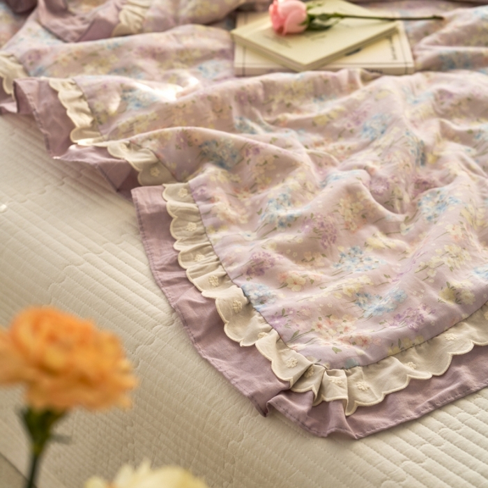 91家纺网 家纺一手货源 找家纺 洋铭区（原狠狠爱） 2025新款A类双层纱双层花边款系列夏被夏凉被空调被 铃木紫花