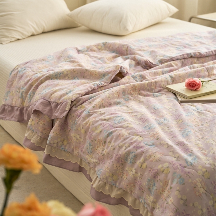 91家纺网 家纺一手货源 找家纺 洋铭区（原狠狠爱） 2025新款A类双层纱双层花边款系列夏被夏凉被空调被 铃木紫花