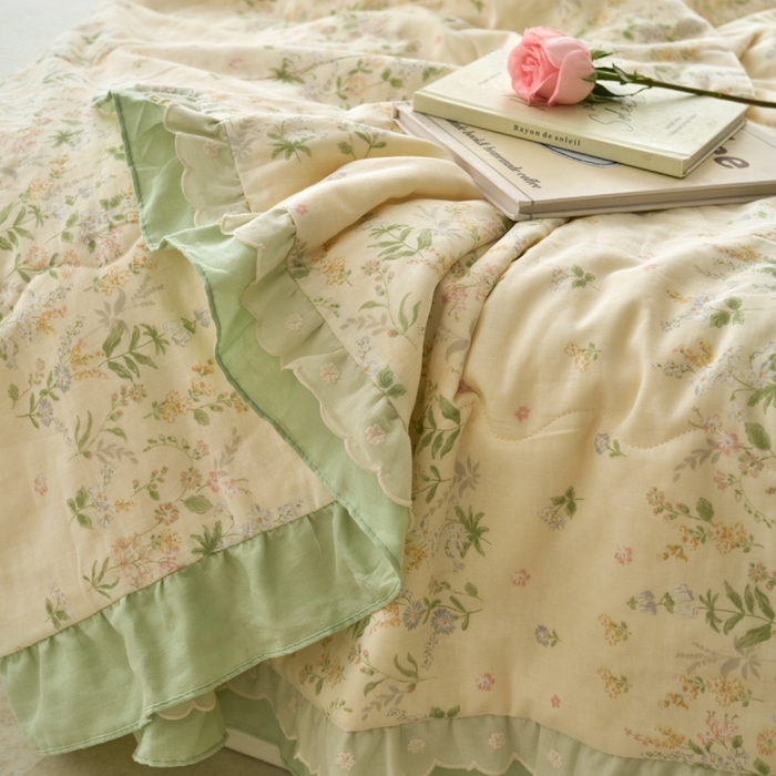 91家纺网 家纺一手货源 找家纺 洋铭区（原狠狠爱） 2025新款A类双层纱双层花边款系列夏被夏凉被空调被 春日樱草