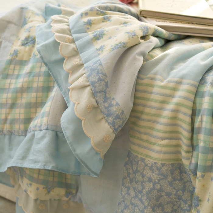 91家纺网 家纺一手货源 找家纺 洋铭区（原狠狠爱） 2025新款A类双层纱双层花边款系列夏被夏凉被空调被 百家福-蓝