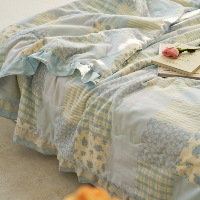 91家纺网 家纺一手货源 找家纺 洋铭区（原狠狠爱） 2025新款A类双层纱双层花边款系列夏被夏凉被空调被 百家福-蓝