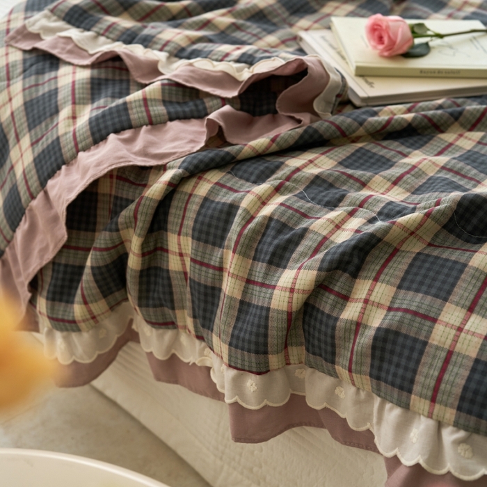 91家纺网 家纺一手货源 找家纺 洋铭区（原狠狠爱） 2025新款A类双层纱双层花边款系列夏被夏凉被空调被 复古小格