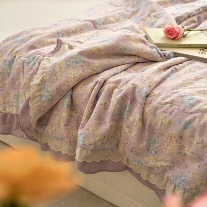 91家纺网 家纺一手货源 找家纺 洋铭区（原狠狠爱） 2025新款A类双层纱双层花边款系列夏被夏凉被空调被 铃木紫花