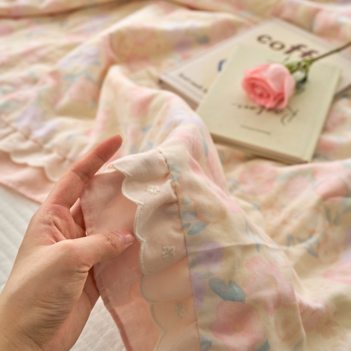 91家纺网 家纺一手货源 找家纺 洋铭区（原狠狠爱） 2025新款A类双层纱双层花边款系列夏被夏凉被空调被 飞燕粉花