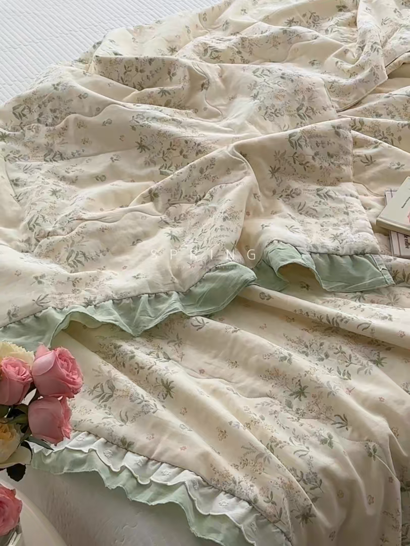91家纺网 家纺一手货源 找家纺 洋铭区（原狠狠爱） 2025新款A类双层纱双层花边款系列夏被夏凉被空调被 春日樱草