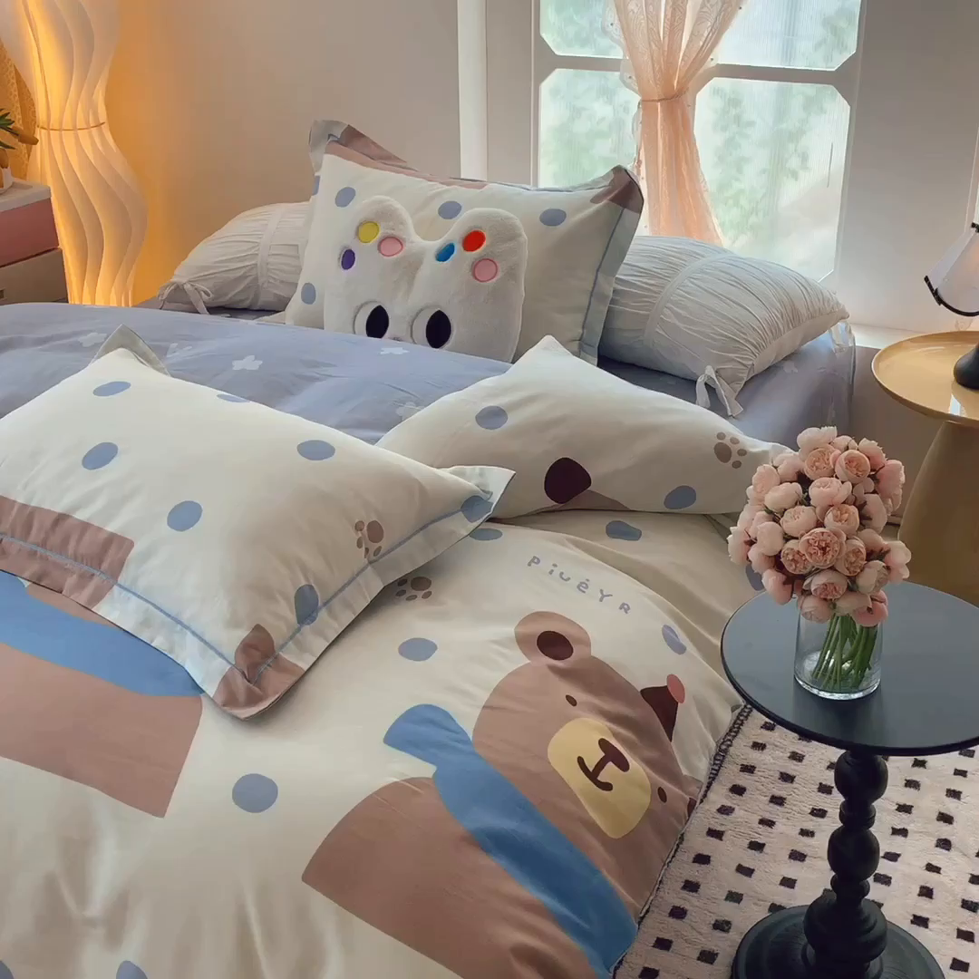 91家纺网 家纺一手货源 找家纺 莱豫家纺 2025新款亲肤舒适小清新印花全棉纯棉四件套-第二批 萌太熊