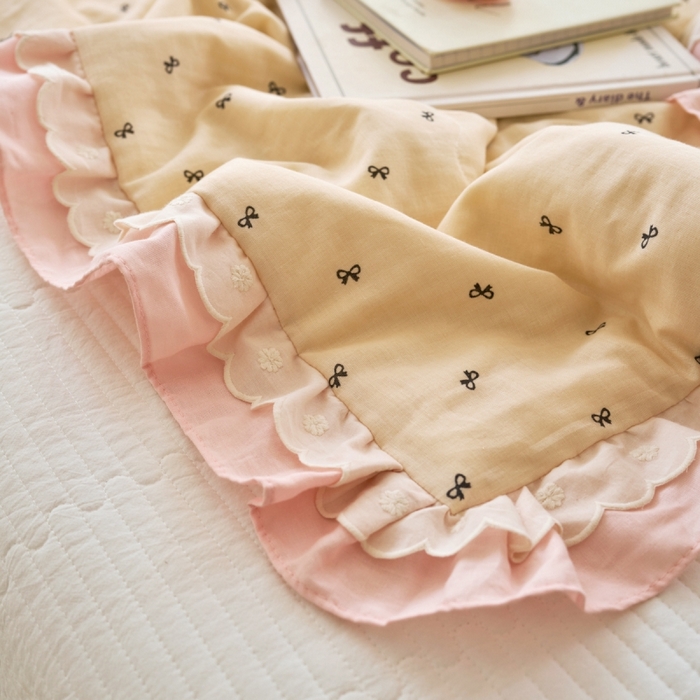 91家纺网 家纺一手货源 找家纺 洋铭区（原狠狠爱） 2025新款A类双层纱双层花边款系列夏被夏凉被空调被 小小蝴蝶结