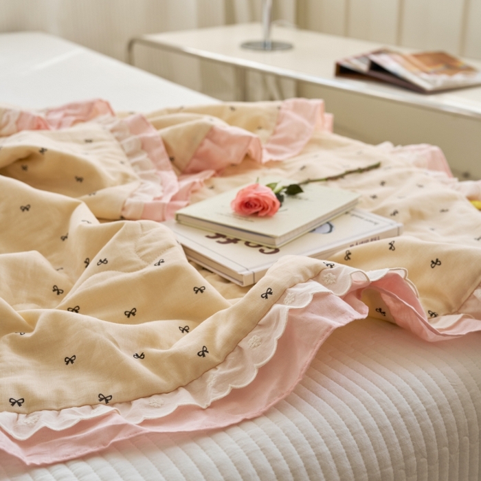 91家纺网 家纺一手货源 找家纺 洋铭区（原狠狠爱） 2025新款A类双层纱双层花边款系列夏被夏凉被空调被 小小蝴蝶结