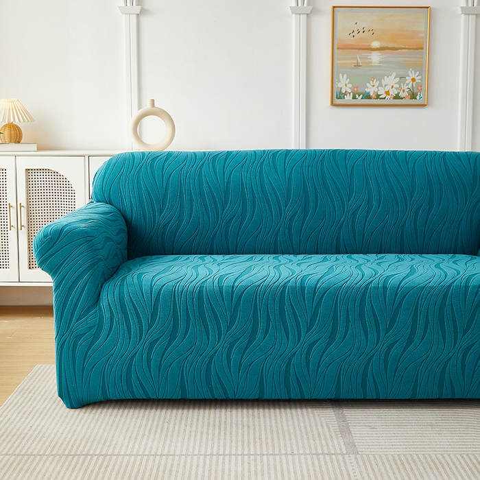 91家纺网 家纺一手货源 找家纺 共鸣沙发套 2025春夏新款水波纹弹力提花全包万能沙发套单沙发套全包款 橄榄绿