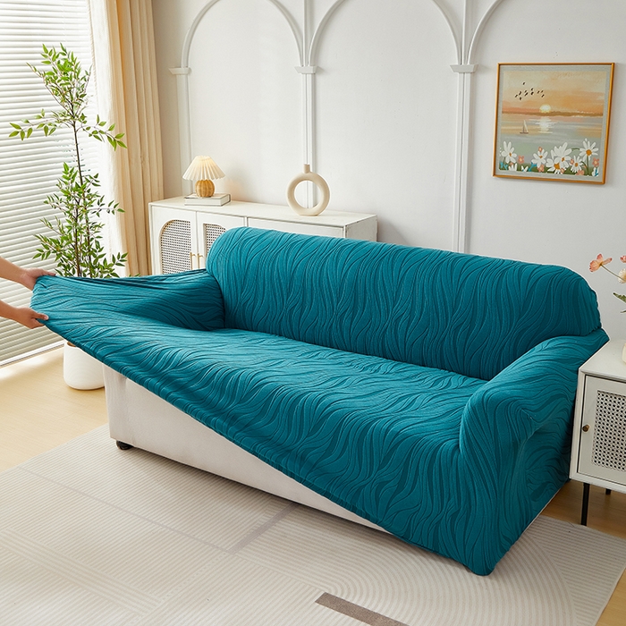 91家纺网 家纺一手货源 找家纺 共鸣沙发套 2025春夏新款水波纹弹力提花全包万能沙发套单沙发套全包款 橄榄绿