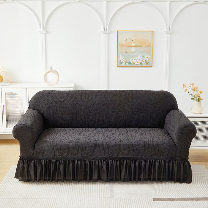 91家纺网 家纺一手货源 找家纺 共鸣沙发套 2025春夏新款水波纹裙摆弹力提花全包万能沙发套单沙发套裙摆款 黑色