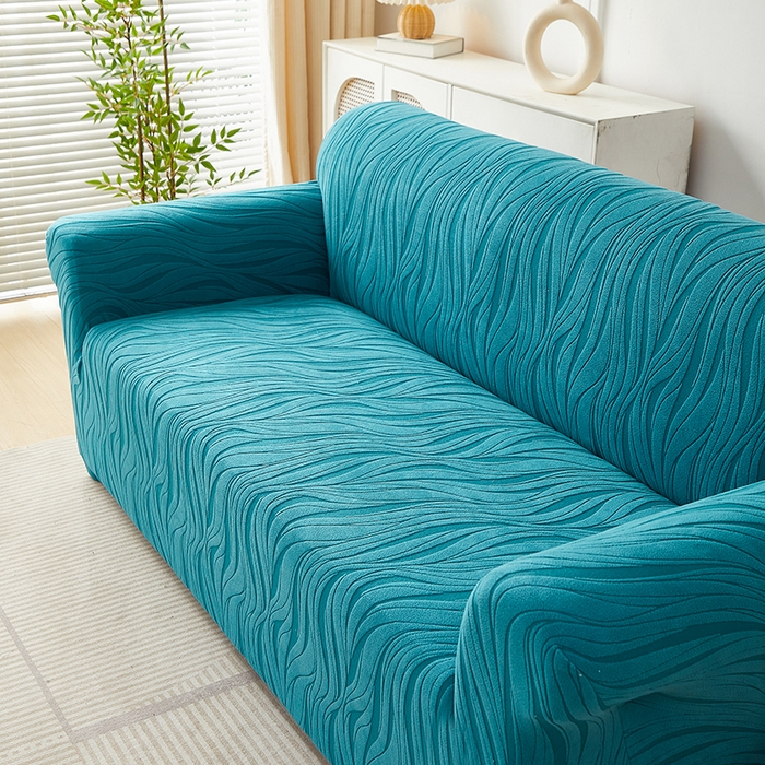 91家纺网 家纺一手货源 找家纺 共鸣沙发套 2025春夏新款水波纹弹力提花全包万能沙发套单沙发套全包款 橄榄绿