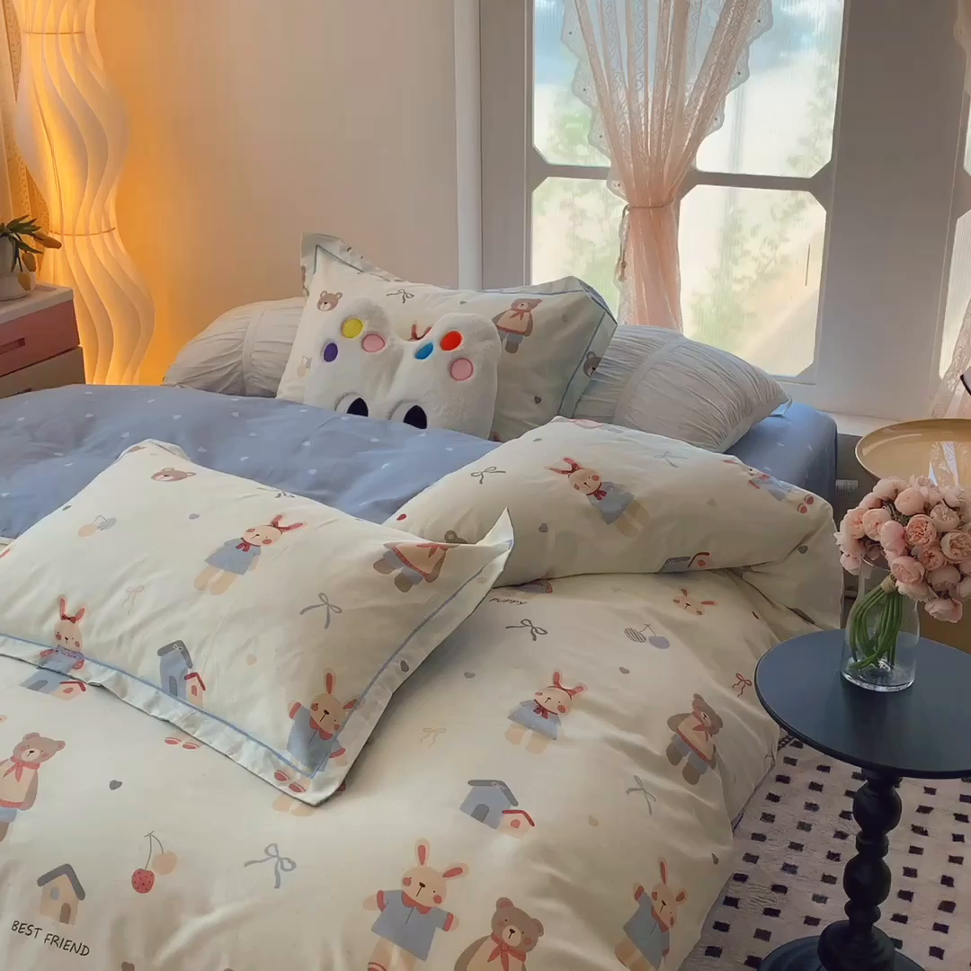 91家纺网 家纺一手货源 找家纺 莱豫家纺 2025新款亲肤舒适小清新印花全棉纯棉四件套-第二批 亲密伙伴
