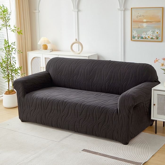 91家纺网 家纺一手货源 找家纺 共鸣沙发套 2025春夏新款水波纹弹力提花全包万能沙发套单沙发套全包款 黑色