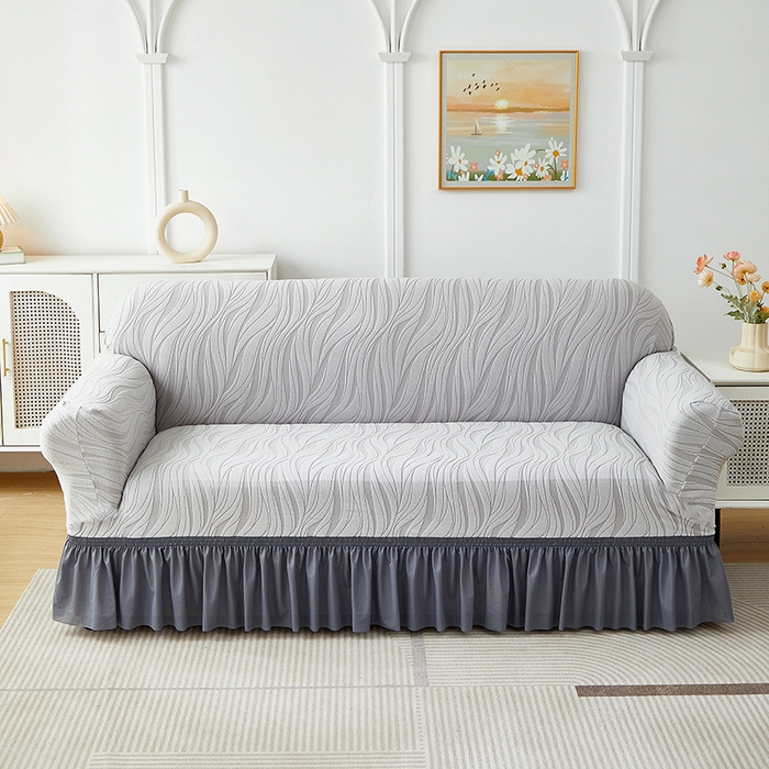 共鸣沙发套 2025春夏新款水波纹裙摆弹力提花全包万能沙发套单沙发套裙摆款 浅灰色