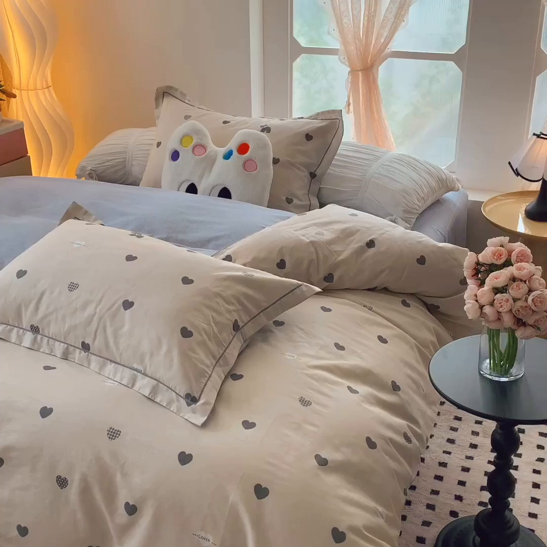 91家纺网 家纺一手货源 找家纺 莱豫家纺 2025新款亲肤舒适小清新印花全棉纯棉四件套-第二批 趣味爱心