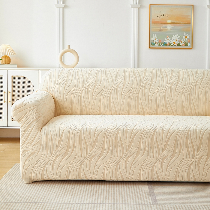 91家纺网 家纺一手货源 找家纺 共鸣沙发套 2025春夏新款水波纹弹力提花全包万能沙发套单沙发套全包款 米黄色