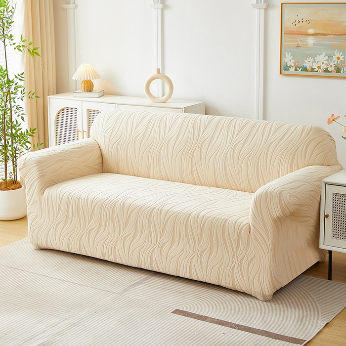 91家纺网 家纺一手货源 找家纺 共鸣沙发套 2025春夏新款水波纹弹力提花全包万能沙发套单沙发套全包款 米黄色