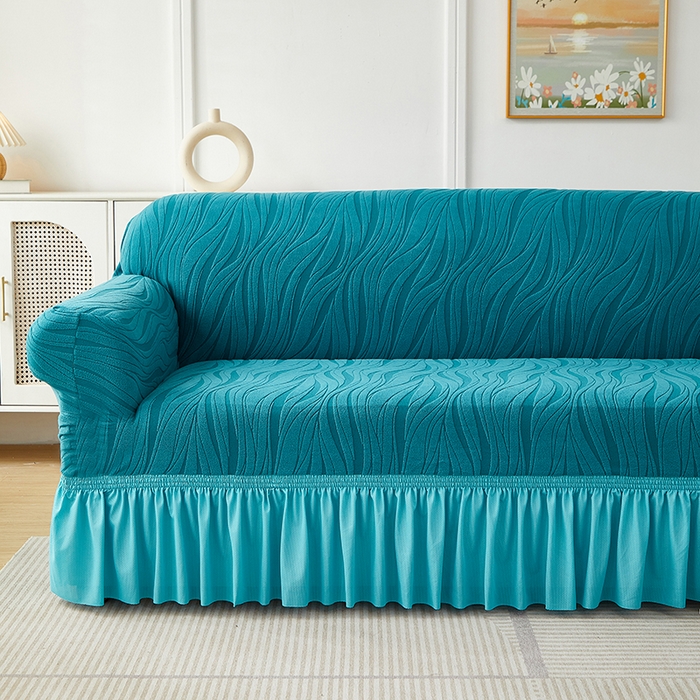 91家纺网 家纺一手货源 找家纺 共鸣沙发套 2025春夏新款水波纹裙摆弹力提花全包万能沙发套单沙发套裙摆款 橄榄绿