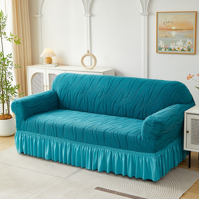 91家纺网 家纺一手货源 找家纺 共鸣沙发套 2025春夏新款水波纹裙摆弹力提花全包万能沙发套单沙发套裙摆款 橄榄绿