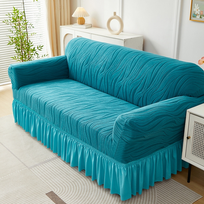 91家纺网 家纺一手货源 找家纺 共鸣沙发套 2025春夏新款水波纹裙摆弹力提花全包万能沙发套单沙发套裙摆款 橄榄绿