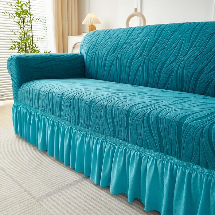 91家纺网 家纺一手货源 找家纺 共鸣沙发套 2025春夏新款水波纹裙摆弹力提花全包万能沙发套单沙发套裙摆款 橄榄绿