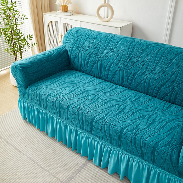 91家纺网 家纺一手货源 找家纺 共鸣沙发套 2025春夏新款水波纹裙摆弹力提花全包万能沙发套单沙发套裙摆款 橄榄绿