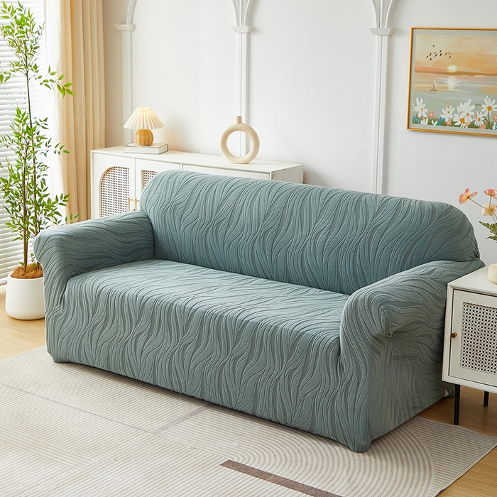 91家纺网 家纺一手货源 找家纺 共鸣沙发套 2025春夏新款水波纹弹力提花全包万能沙发套单沙发套全包款 墨绿色