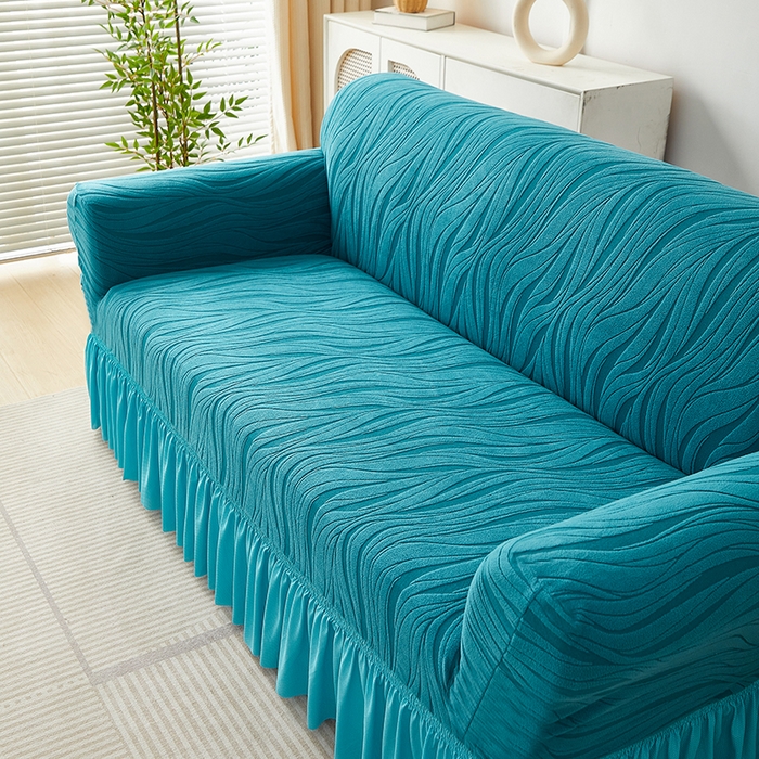 91家纺网 家纺一手货源 找家纺 共鸣沙发套 2025春夏新款水波纹裙摆弹力提花全包万能沙发套单沙发套裙摆款 橄榄绿